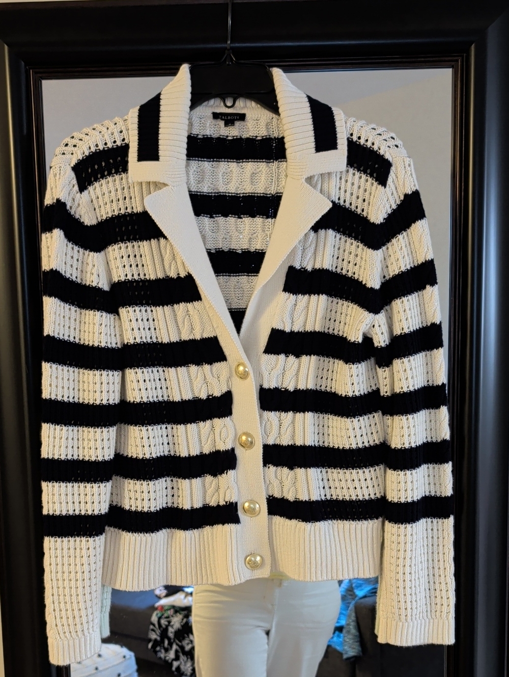 Talbots Preppy Navy & Cream Striped Cable Knit Nautical Cardigan Sweater
